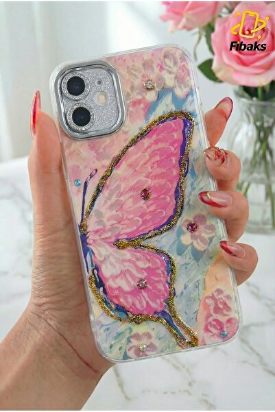 Fibaks iPhone 11 Kılıf Renk Geçişli Taşlı Kamera Lens Korumalı Simli Pembe Kelebek Desenli Darbe Emici