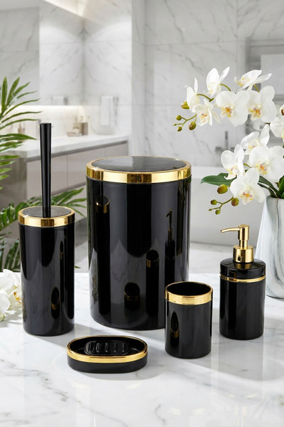 MAKRİ HOME 5 Parça Akrilik Banyo Seti, Şık ve Kaliteli Akrilik, Altın Renk Detaylı, Siyah