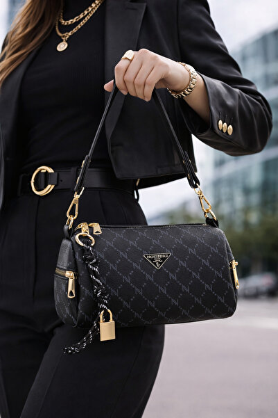 NOTHING Kadın Siyah Monogram Deri Kilit Charm Detaylı El Omuz ve Çapraz Çanta Alice