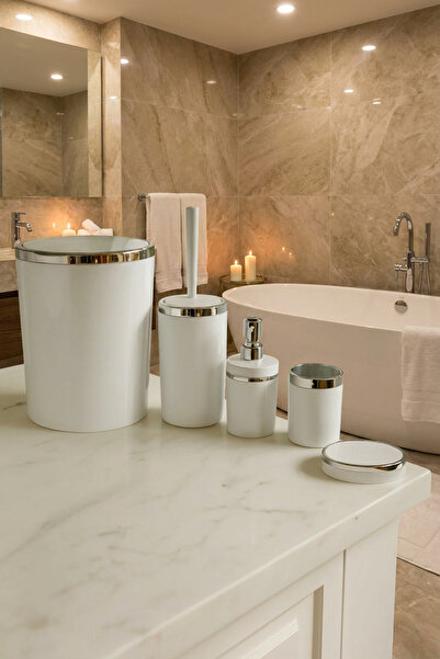 MAKRİ HOME Banyo Seti 5'li, Yuvarlak, Akrilik-Çöp Kovası, WC Fırçalık, Sıvı Sabunluk, Diş Fırçalık, El Sabunluk