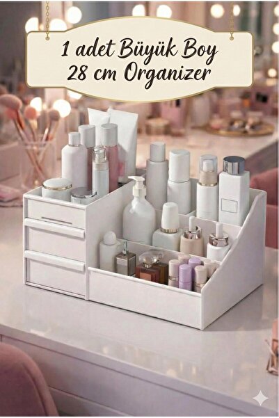 Lilya Home Rose Büyük Boy XL 28 cm Makyaj Kozmetik Parfüm Krem Serum Düzenleyici Çekmeceli Organizer Beyaz