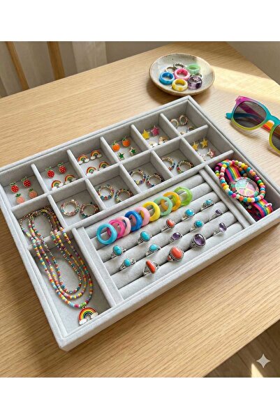 ÖZER KUTU Organizatör Gri Süet Tabla Kolye & Yüzük Düzenleyici Ve Gözlük(10+2...