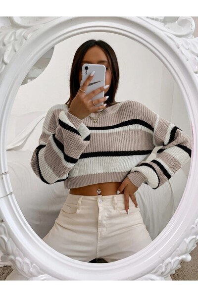 Dier Moda Pulover pentru femei din tricot Selanik cu dungi groase din nurcă Fmoda2500