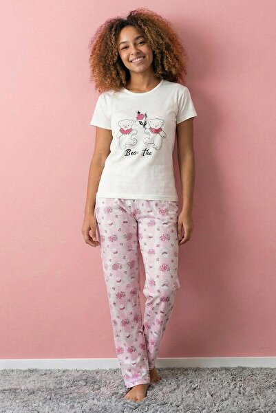 Niket Life طقم بيجامة نسائي من القطن الممشط بتصميم تيدي بير وأكمام قصيرة ورقب...
