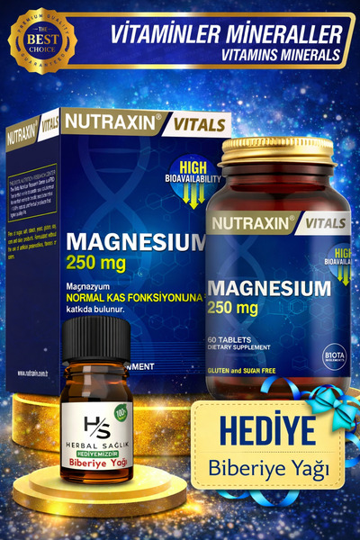 Nutraxin Magnezyum 250 Mg 60 Adet Tablet + Hrblsglk Biberiye Yağı (HEDİYE)