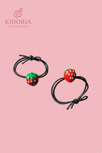 Kidoria 2'li Kırmızı Çilek Figürlü Elastik Saç Tokası Seti - Çocuk Tokası