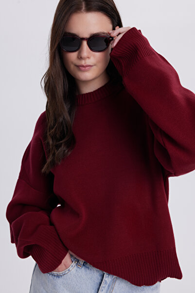 Tudors Kadın Oversize Geniş Kesim Bisiklet Yaka Bordo Kazak