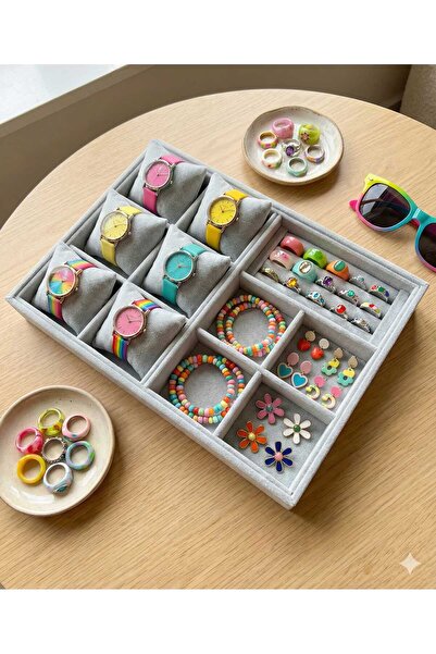 ÖZER KUTU Organizatör Özer3 Gri Süet Tabla Kolye & Yüzük Düzenleyici Ve Gözlü...