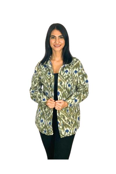 YusGos Women's Single Pocket Patterned Thick Lumberjack Jacket Shirt (Green-Dark Blue) Standard Navy Blue