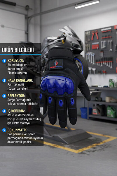 SINGLE SWORD Tam Parmak Motosiklet Eldiveni Mavi XL