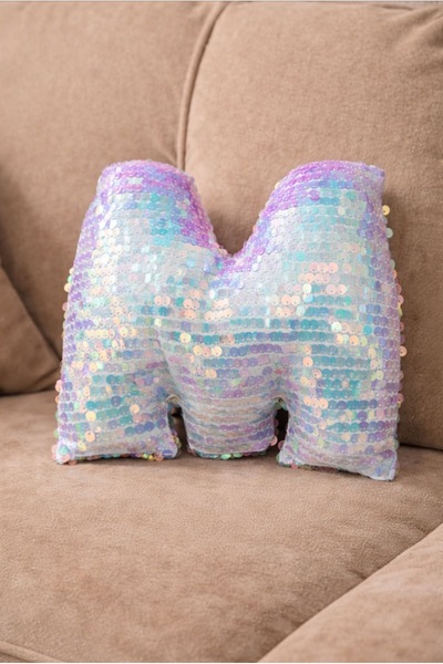 Mersii Harf Yastık Bebek Mavisi Hologram Payetli Elyaf Dolgulu Dekoratif Hedi...