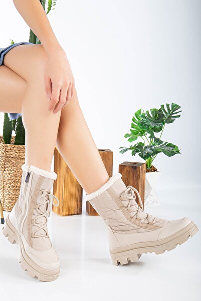 ESER 99003 Model Bereket Kundura Içi Yünlü Paraşüt Kumaş Bej Renk Kadın Kışlık Kar Botu