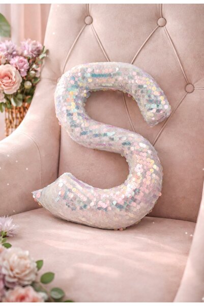 Mersii Harf Yastık Bebek Mavisi Hologram Payetli Elyaf Dolgulu Dekoratif Hedi...