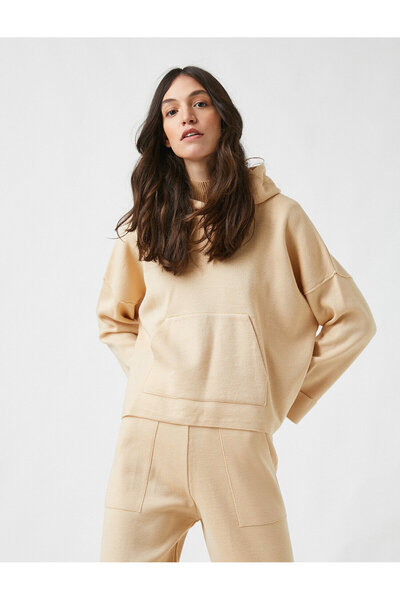 Koton cu glugă Pulover tricotat cu buzunar cangur textură cașmir