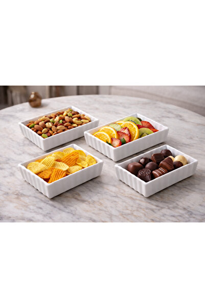 ultraform 4'lü Sert Porselen Dikdörtgen Kase Çerezlik Dalgalı Kenarlı 12,5x9x3 cm Meze Sunum Hotel Tip Tabak