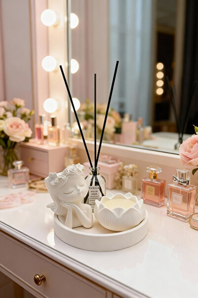 Ftrk Store Vanilya Kokulu Dekoratif Set – Yuvarlak Tepsili, Lotus Mumlu ve Oda Kokulu Şık Tasarım