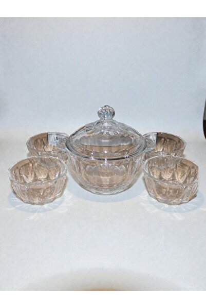 WDA طقم أوعية تقديم زجاجية مع غطاء، تصميم كريستالي، 5 قطع