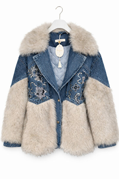 günay boutıque Denim Kürk Detaylı Kadın Mont