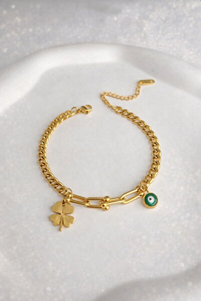 DEMOKAN Kadın Çelik Bileklik Klasik Tfany Zincir Yonca Nazar Boncuk Bileklik