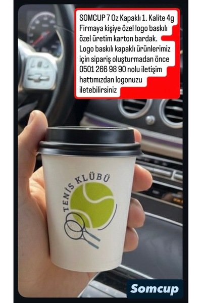 somcup 7 Oz Kapaklı (500 adet bardak + 500 adet kapak) Logo Baskılı Karton Bardak