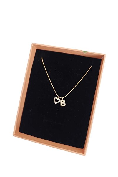 CAXBERN Çelik Zirkon Taşlı Kalp Altın Kaplama B Harf Kolye