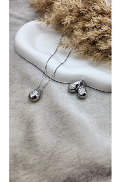 stainless steell Zirkon Taşlı Kalp Detaylı Damla Kolye Küpe Set | 316L Çelik ...