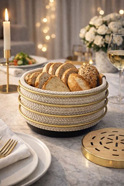 EMFA HOME سلة خبز فاخرة محبوكة من الخيزران باللون الرمادي الدائري باللون الذه...