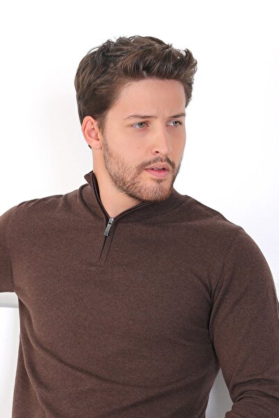 Ferraro Καφέ ψηλός λαιμός μονόχρωμο βαμβακερό ανδρικό πουλόβερ