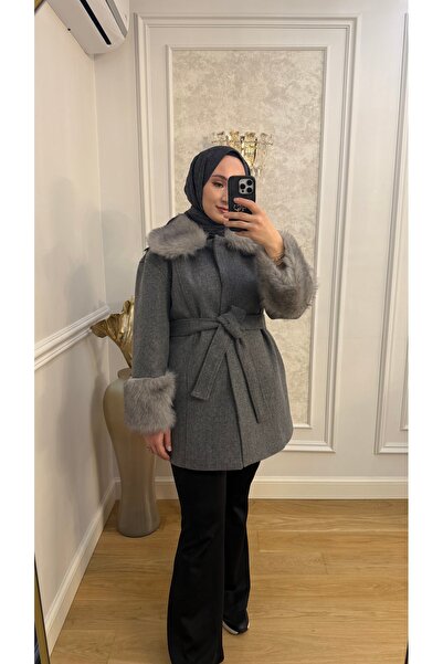 Store Kadın Kürk Detaylı Kaşe Kaban