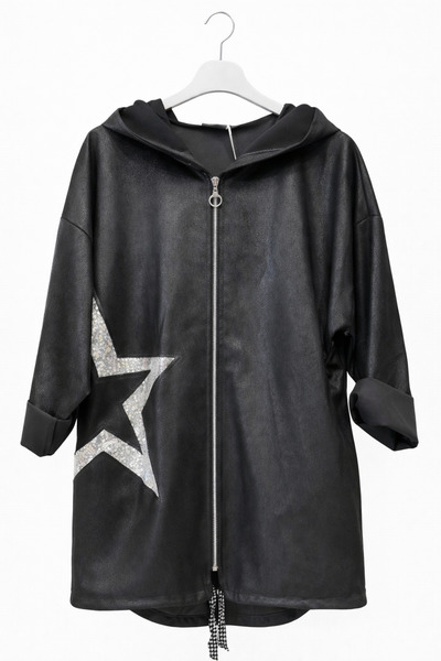günay boutıque Yıldız Payet Detaylı Deri Görünümlü Nubuk Kapüşonlu Oversize Ceket-siyah