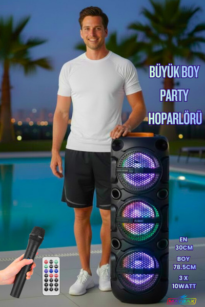 Maybax Büyük Boy Tekerlekli Kablosuz Mikrofonlu RGB Işıklı Bluetooth USB TF Kart Aux FM Radyo Destekli