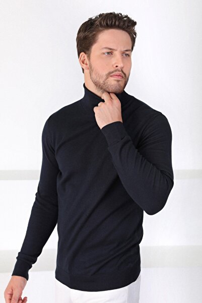 Ferraro سترة قطنية بياقة مدورة باللون الأزرق الداكن للرجال