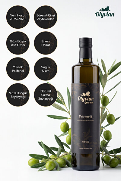 Olyvian Gourmet Edremit Cinsi Zeytinler 750 ml Erken Hasat Soğuk Sıkım Doğal Natürel Sızma Zeytinyağı