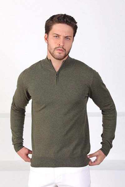 Ferraro سترة رجالية من القطن بلون واحد كاكي ياقة مرتفعة متوسطة الطول