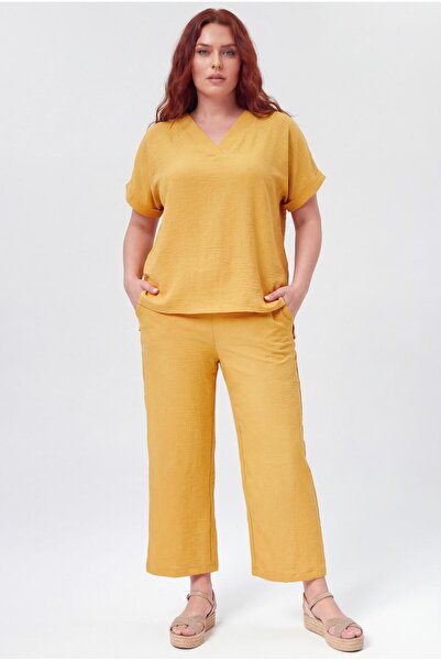 Ebsumu طقم كابري نسائي من القطن المنسوج مقاس كبير باللون الأصفر مكون من قطعتين