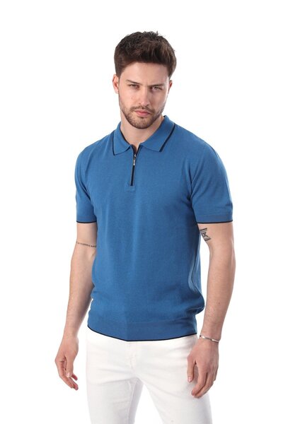 Ferraro تي شيرت رجالي من القطن المحبوك بياقة طيار وشريط وسحاب