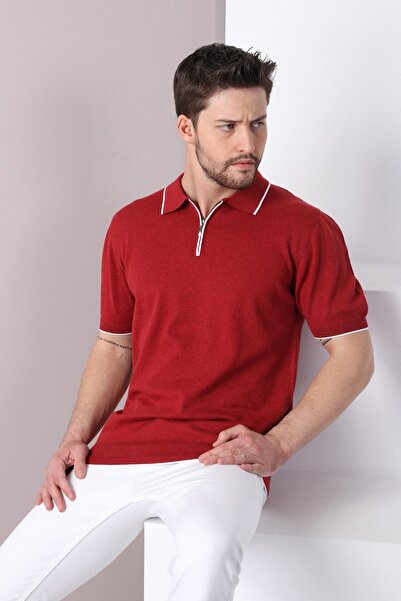 Ferraro Ανδρικό βαμβακερό πλεκτό μπλουζάκι με φερμουάρ και ρίγες σε κανέλα