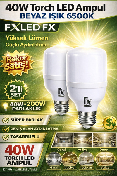 Ferled 40W Torch LED Ampul Beyaz Işık 6500K /Ferled FX /Yüksek Lümen Güçlü Aydınlatma /2 li Set