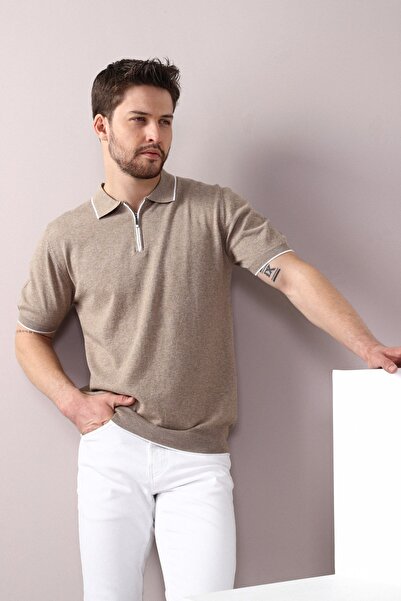 Ferraro تي شيرت رجالي من القطن المحبوك ذو ياقة بيج وشريط بسحاب