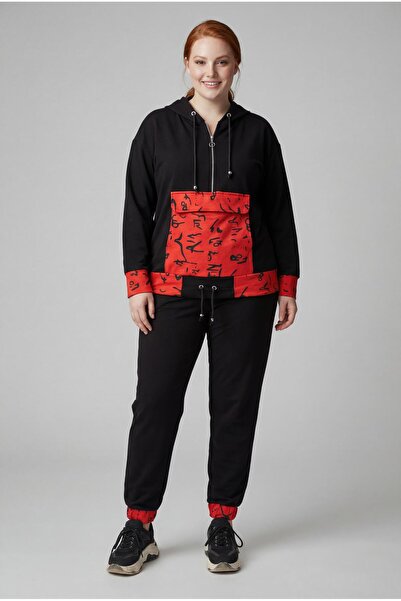 Ebsumu Γυναικείο σετ φόρμας με κόκκινη καγκουρό με λεπτομέρεια μαύρης φόρμας