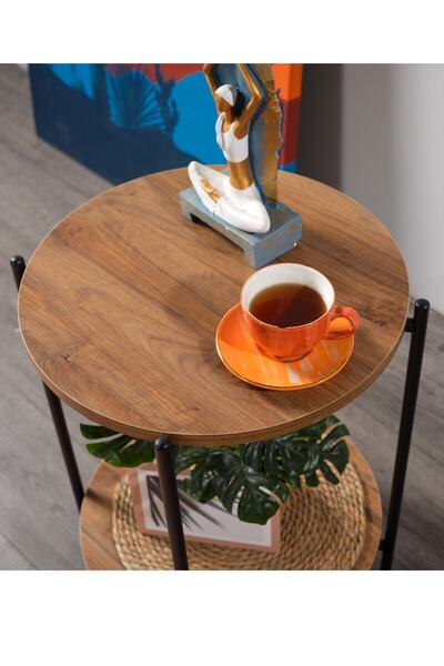 Boss Group Çift Katlı Sehpa Yuvarlak Modern Metal Yan Sehpa - 2 Katlı Kahve Saksı Sehpası Çok Amaçlı Masa Stand