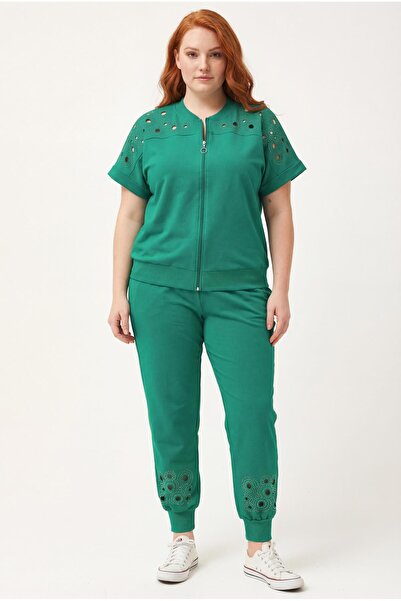 Ebsumu Set de trening verde cu mânecă scurtă, cu tăietură transparentă, cu im...