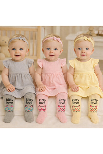 Pico Baby 3'lü Kız Bebek & Çocuk Havlu/Kışlık Külotlu Çorap Renkli Kedicik De...
