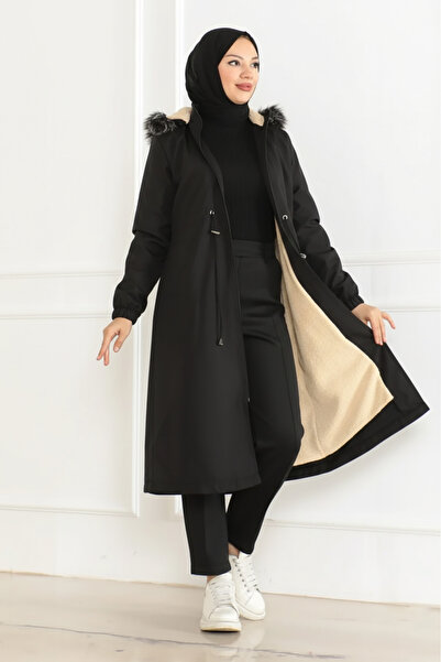 nacar çarşı Kadın Bonded Kumaş İçi Kürklü Fermuarlı Siyah Kışlık Mont
