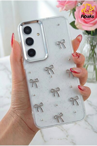 Fibaks Galaxy S21 FE Uyumlu Kılıf Fiyonk Desenli Şeffaf Simli Gümüş Kamera Çıkıntılı Parlak Kapak