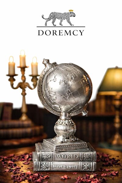 Doremcy Dekoratif Gümüş Kitaplı Dünya Küre Hediyelik Polyester Döküm Biblo