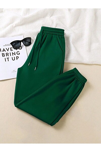 EXPECTED Πράσινο Unisex επένδυση fleece ίσιο ελαστικό παντελόνι με ψηλή μέση με τσέπες στο πόδι