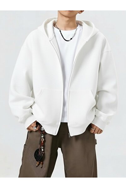 EXPECTED Ανδρικό φούτερ με κουκούλα με φερμουάρ, λευκό oversized με κουκούλα ...