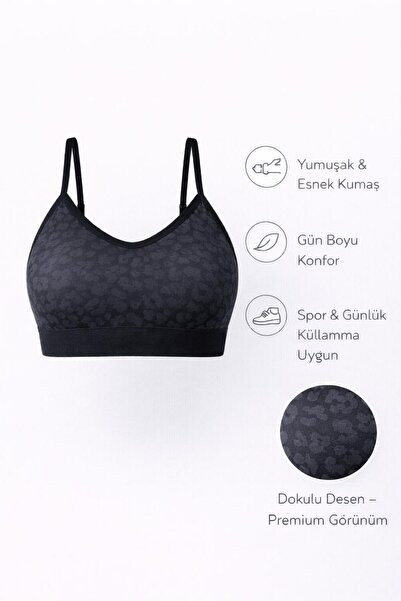 Adeniz Kadın Siyah Leopar Desen Çapraz Ince Ip Askılı Destekli Spor Sütyeni