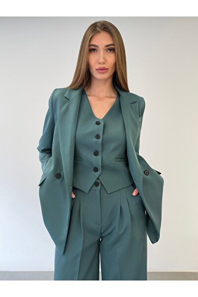 ossons سترة نسائية إصدار محدود بنطلون واسع الأرجل طقم مكون من 3 قطع – مجموعة أنيقة للمكتب